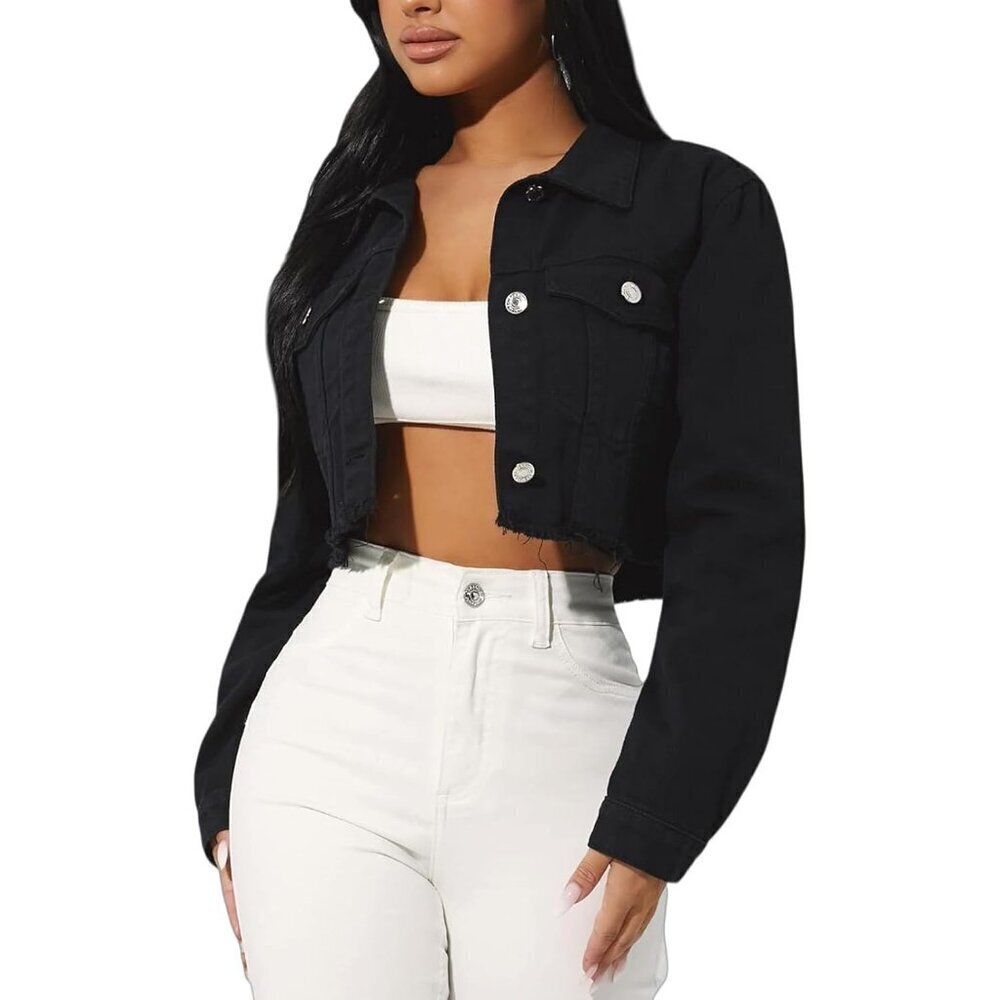 Women's Crop Jean Denim Jackets Button Down Long Sleeve Jacket Coat Black-B